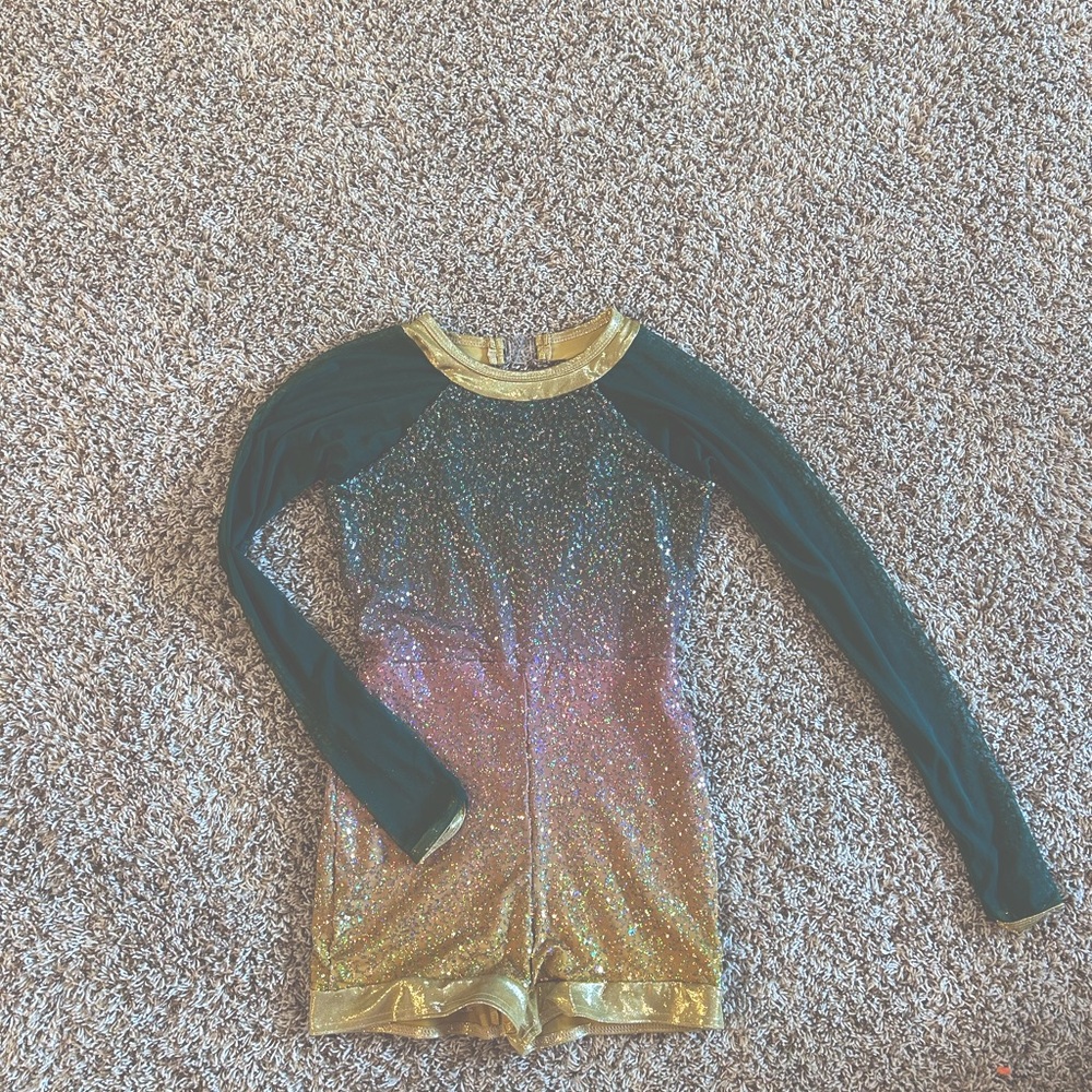 Sparkling Gold and Green Long Sleeve unitard, dance costume